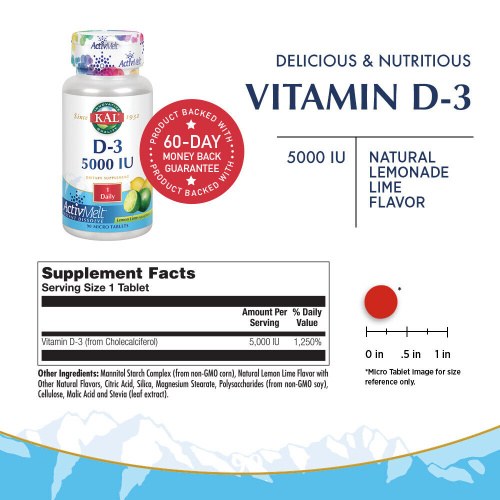 Vitamin D-3 125 mcg (5000 IU) ActivMelt Витамин Д-3 125 мкг (5000 МЕ) 90 микро таблеток (KAL) фото 2