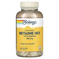 Betaine HCL 650 mg with Pepsin (Бетаин гидрохлорид c пепсином 650 мг) 250 вег капсул (Solaray)